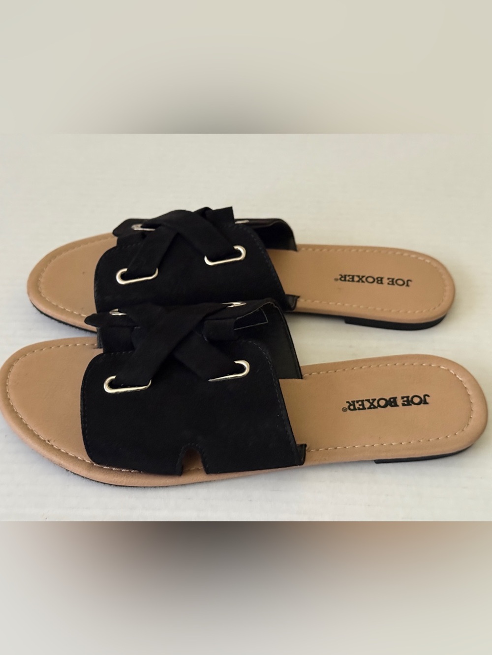 Joe Boxer Black Slide Sandals Crisscross Lace Up Faux Suede Women's Size 10M